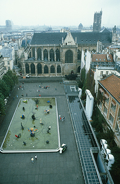 Square with fountain works outside the Pompidou Centre - aerial view