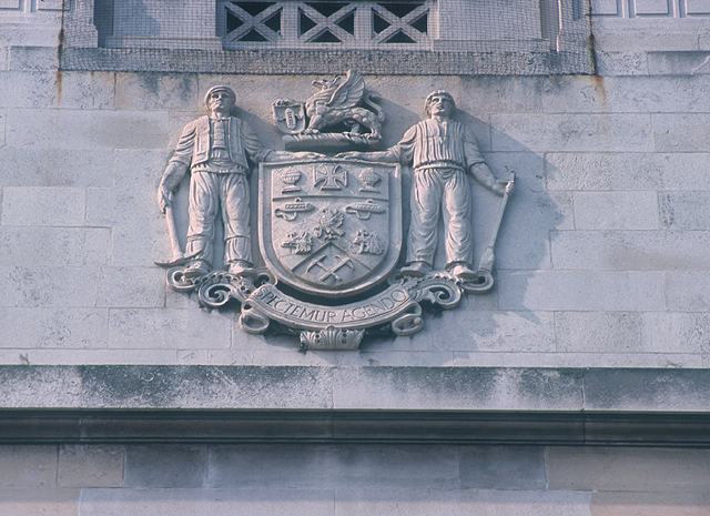 On the main tower of Barnsley Town Hall on the facade facing Church Street. (SE434407)