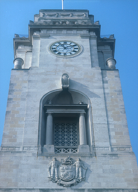 On the main tower of Barnsley Town Hall on the facade facing Church Street. (SE434407)