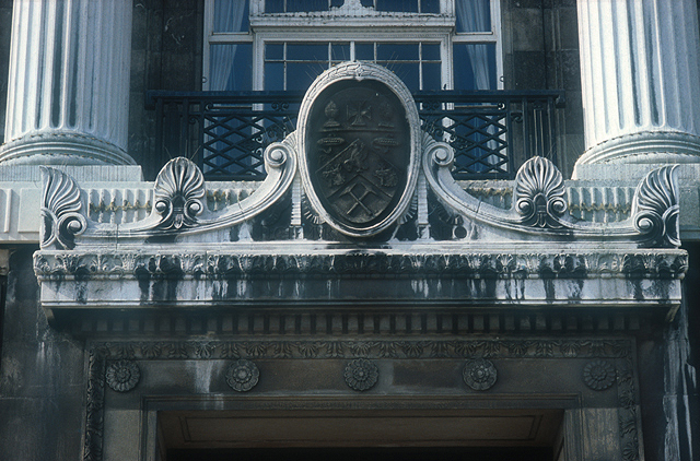 Above the main entrance of Barnsley Town Hall on the facade facing Church Street. (SE434407)