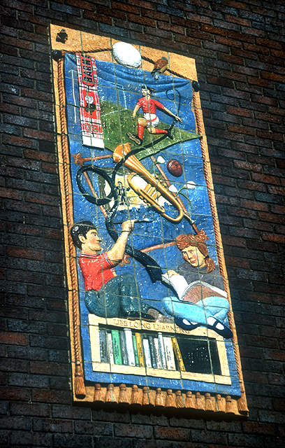At first floor level on the exterior wall of Barnsley Central Library. (SE434406)